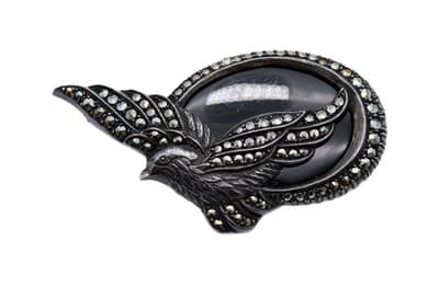 Vintage Sterling Silver 925 Bird Dove Marcasite Natural Black Onyx Pin Brooch - Image 1