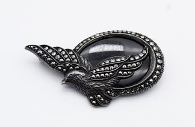 Vintage Sterling Silver 925 Bird Dove Marcasite Natural Black Onyx Pin Brooch - Thumbnail 7