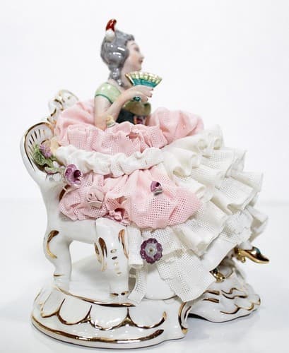Antique 19th Century Germany Dresden Seated Woman Lace Porcelain Figurine - Thumbnail 5