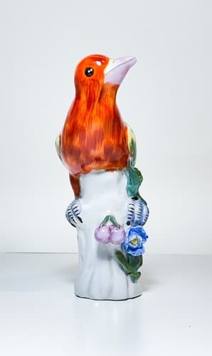 Antique Hand Painted Colorful Bird On Branch Porcelain Figurine 7" - Thumbnail 3