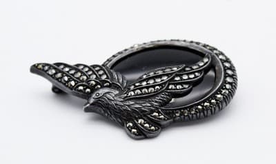 Vintage Sterling Silver 925 Bird Dove Marcasite Natural Black Onyx Pin Brooch - Thumbnail 6