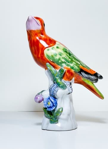 Antique Hand Painted Colorful Bird On Branch Porcelain Figurine 7" - Thumbnail 2