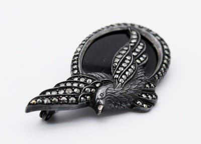 Vintage Sterling Silver 925 Bird Dove Marcasite Natural Black Onyx Pin Brooch - Thumbnail 3