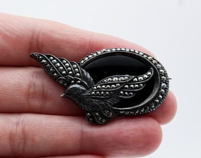 Vintage Sterling Silver 925 Bird Dove Marcasite Natural Black Onyx Pin Brooch - Thumbnail 2