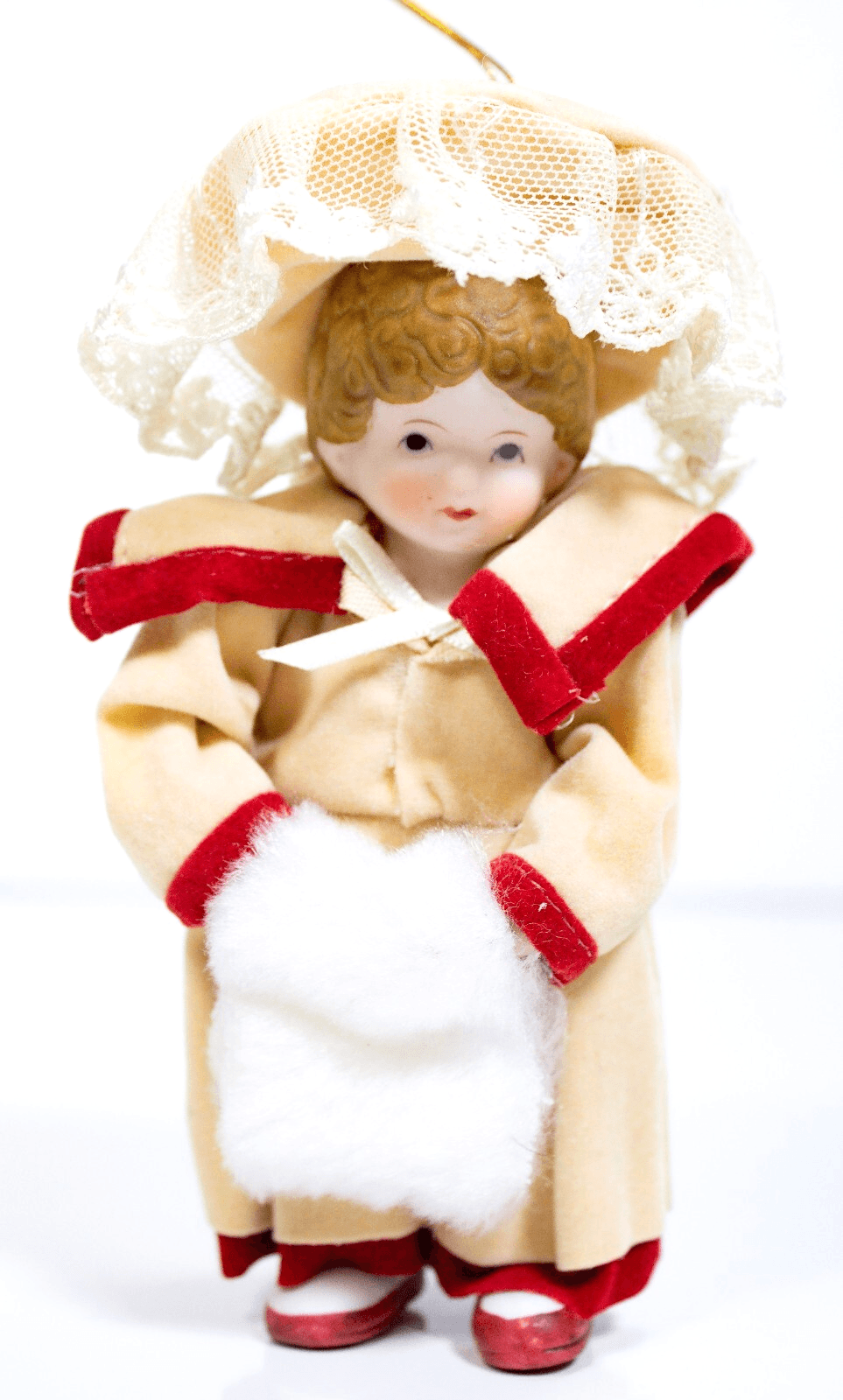 Vintage Victorian Style Laced Hat Porcelain Hanging Doll Ornament - Image 1