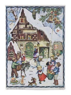 Vtg German Winter Festive Angels & Santa Paper Christmas Advent Calendar - Image 1