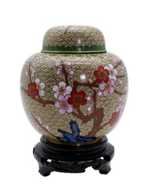 Vintage Chinese Enamel Cherry Blossom Floral Motif Covered Ginger Jar w/Pedestal - Image 1