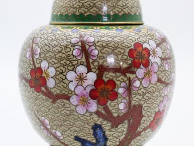 Vintage Chinese Enamel Cherry Blossom Floral Motif Covered Ginger Jar w/Pedestal - Thumbnail 4