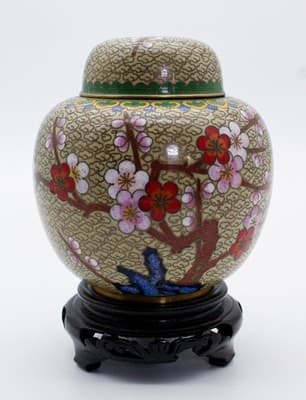 Vintage Chinese Enamel Cherry Blossom Floral Motif Covered Ginger Jar w/Pedestal - Thumbnail 8