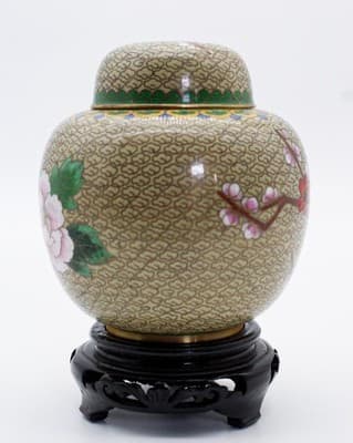 Vintage Chinese Enamel Cherry Blossom Floral Motif Covered Ginger Jar w/Pedestal - Thumbnail 3