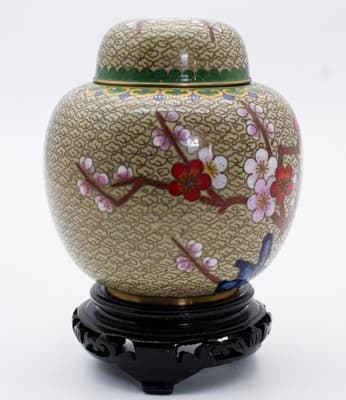 Vintage Chinese Enamel Cherry Blossom Floral Motif Covered Ginger Jar w/Pedestal - Thumbnail 2
