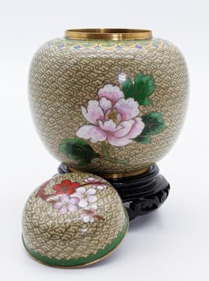 Vintage Chinese Enamel Cherry Blossom Floral Motif Covered Ginger Jar w/Pedestal - Thumbnail 11
