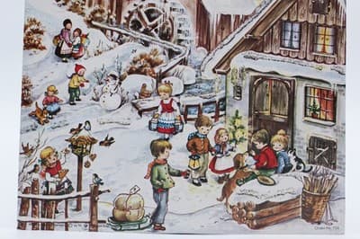 Vtg Germany Winter Festive Children & Village Paper Christmas Advent Calendar - Thumbnail 3