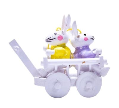 K.W. TAIWAN Wooden Easter Hand Painted Bunnies In Wagon Miniature Figurine - Image 1
