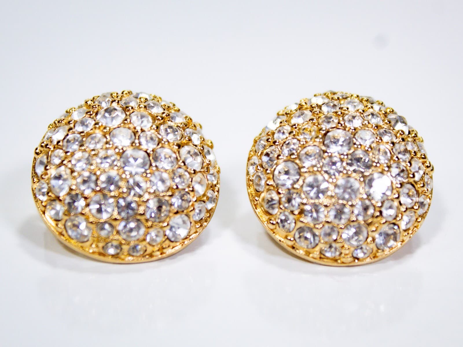 SWAROVSKI Vintage Gold Tone Pave Crystal Domed Button Clip Earrings - Thumbnail 5