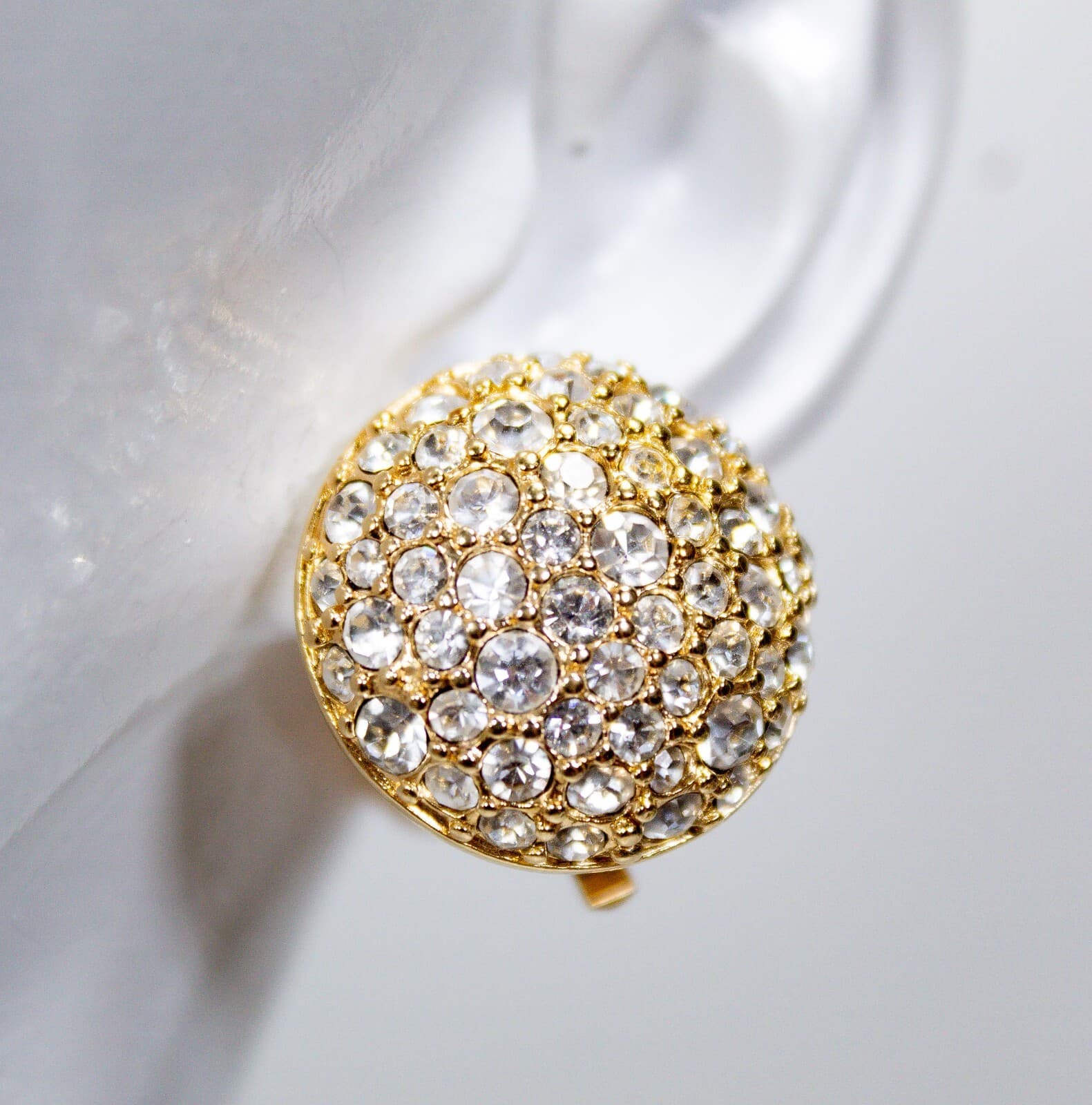 SWAROVSKI Vintage Gold Tone Pave Crystal Domed Button Clip Earrings - Thumbnail 2