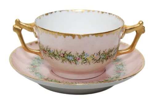 LIMOGES France T & V Vintage Gold Gilt Pink Porcelain Boullion Cup & Saucer - Image 1