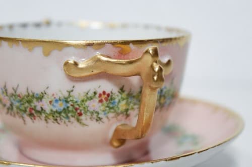 LIMOGES France T & V Vintage Gold Gilt Pink Porcelain Boullion Cup & Saucer - Thumbnail 3
