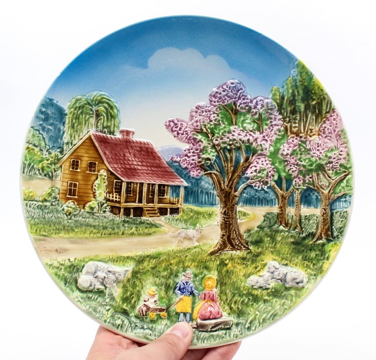 Majolica Germany Low Relief Currier & Ives Porcelain Hand Painted Wall Plate 9" - Thumbnail 2