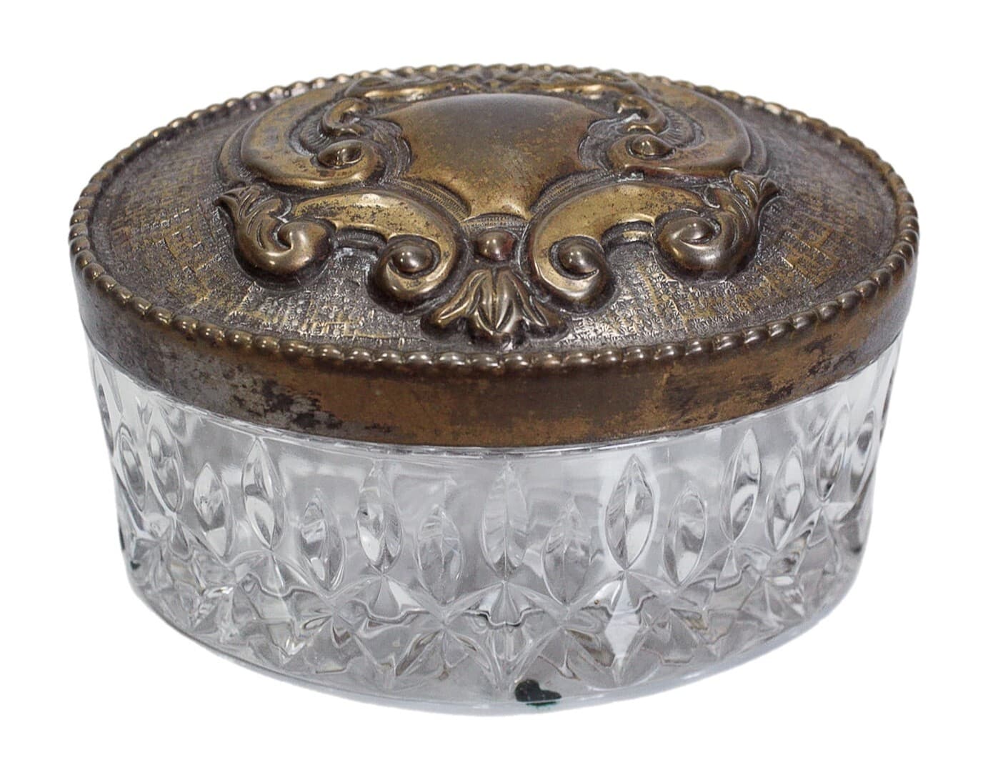 Vintage Silver Cover Cut Crystal Oval Large Vanity Covered Jar Powder Box - Image 1