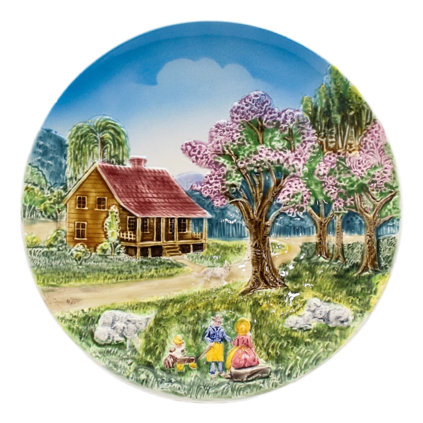 Majolica Germany Low Relief Currier & Ives Porcelain Hand Painted Wall Plate 9" - Image 1