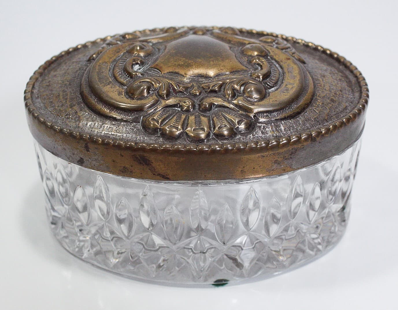 Vintage Silver Cover Cut Crystal Oval Large Vanity Covered Jar Powder Box - Thumbnail 2