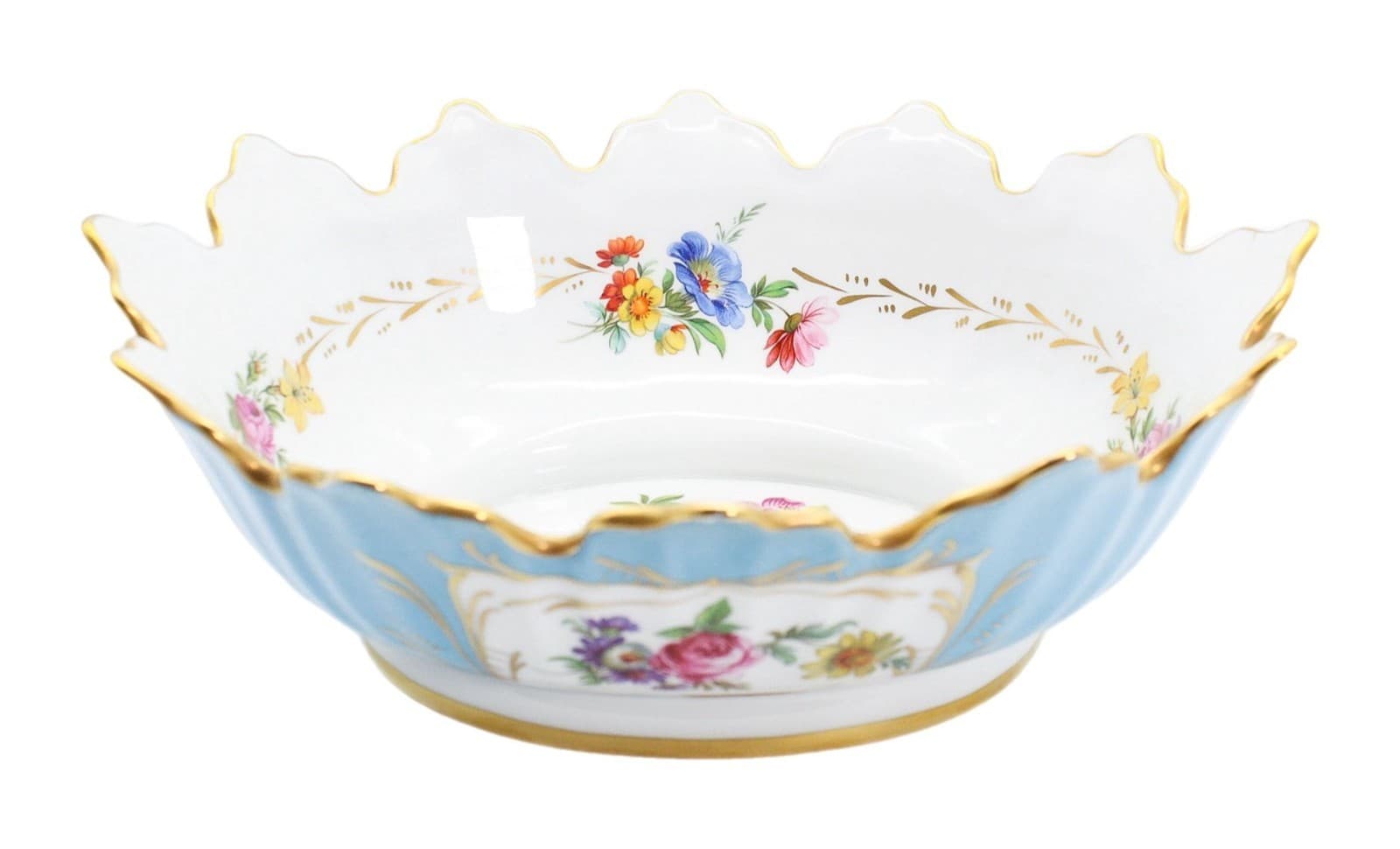 20th c Floral Gold Gilt Blue Large French Porcelain Scalloped Serving Bowl - Image 1