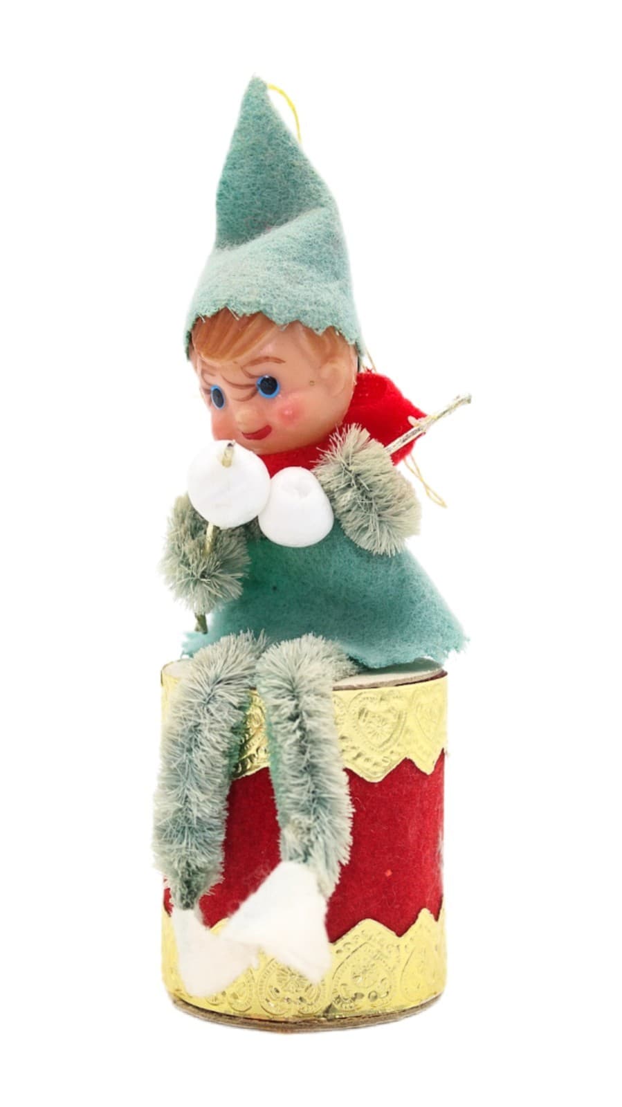 Vintage Japan Pixie Elf Chenille Green Felt Sitting Christmas Drummer Oranment - Image 1