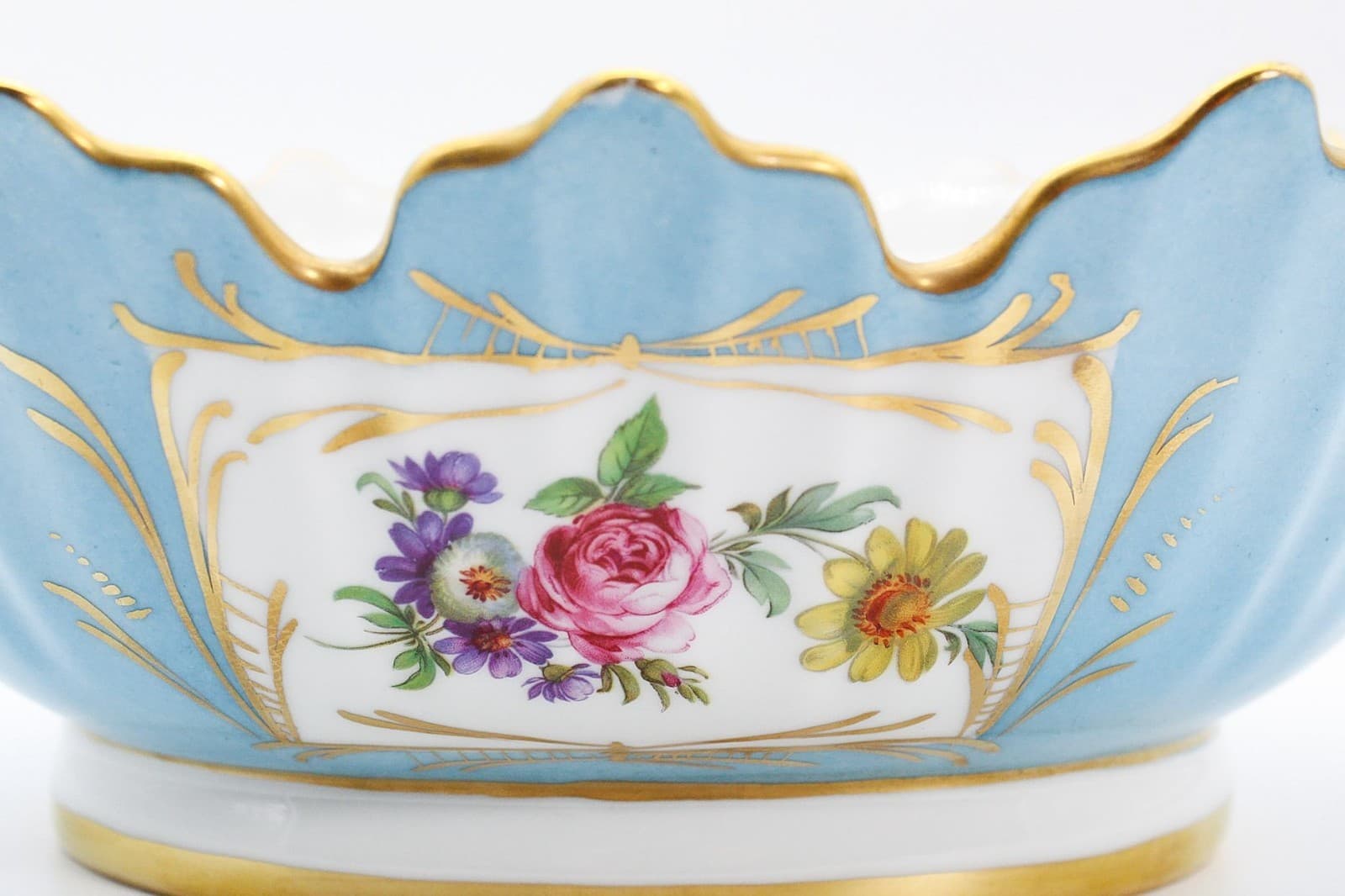 20th c Floral Gold Gilt Blue Large French Porcelain Scalloped Serving Bowl - Thumbnail 3