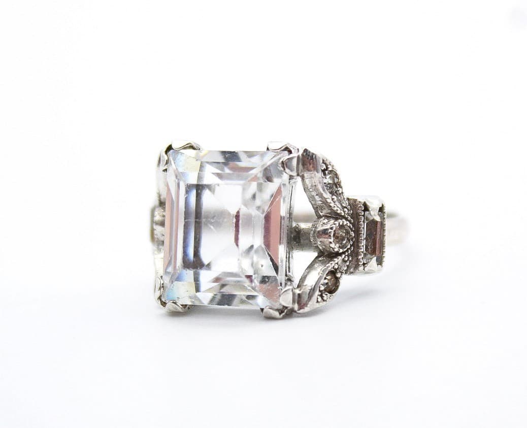 Vintage Sterling Silver 925 Emerald Cut Cubic Zirconia Cocktail Ring Size 6.5 - Thumbnail 9