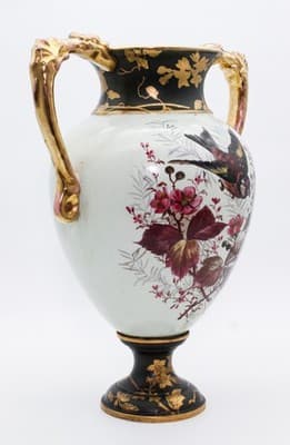 Antique Made In England Hand Painted Bird & Flower Motif Porcelain Pedestal Vase - Thumbnail 3