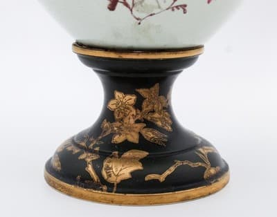 Antique Made In England Hand Painted Bird & Flower Motif Porcelain Pedestal Vase - Thumbnail 7