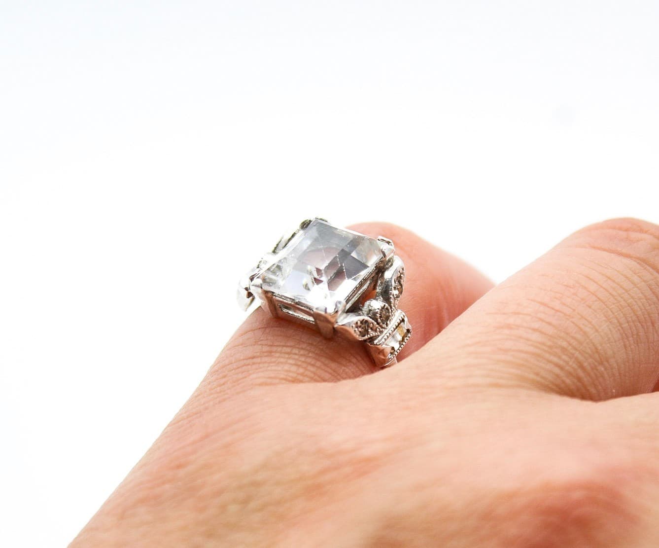 Vintage Sterling Silver 925 Emerald Cut Cubic Zirconia Cocktail Ring Size 6.5 - Thumbnail 2