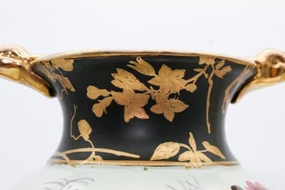 Antique Made In England Hand Painted Bird & Flower Motif Porcelain Pedestal Vase - Thumbnail 9
