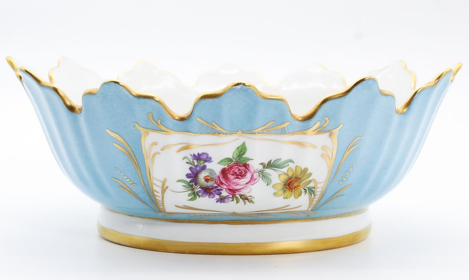 20th c Floral Gold Gilt Blue Large French Porcelain Scalloped Serving Bowl - Thumbnail 2