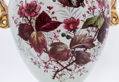 Antique Made In England Hand Painted Bird & Flower Motif Porcelain Pedestal Vase - Thumbnail 6