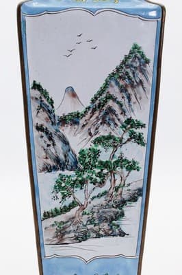 Antique Qing Dynasty Canton Enamel Square Tapering Bronze Vase Scenic &Bird RARE - Thumbnail 10