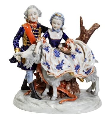 19th c UNTER WEISS BACH Germany Hand Painted Grouping w/ Goat Porcelain Figure - Image 1