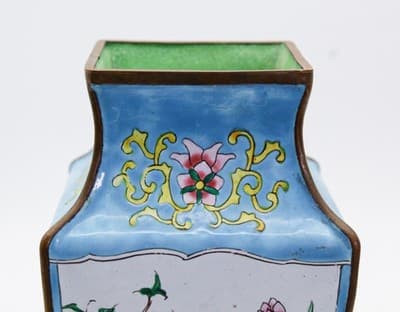 Antique Qing Dynasty Canton Enamel Square Tapering Bronze Vase Scenic &Bird RARE - Thumbnail 15