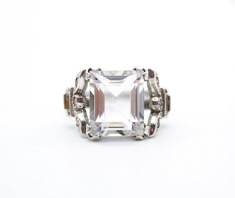 Vintage Sterling Silver 925 Emerald Cut Cubic Zirconia Cocktail Ring Size 6.5 - Thumbnail 8