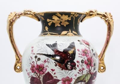 Antique Made In England Hand Painted Bird & Flower Motif Porcelain Pedestal Vase - Thumbnail 4