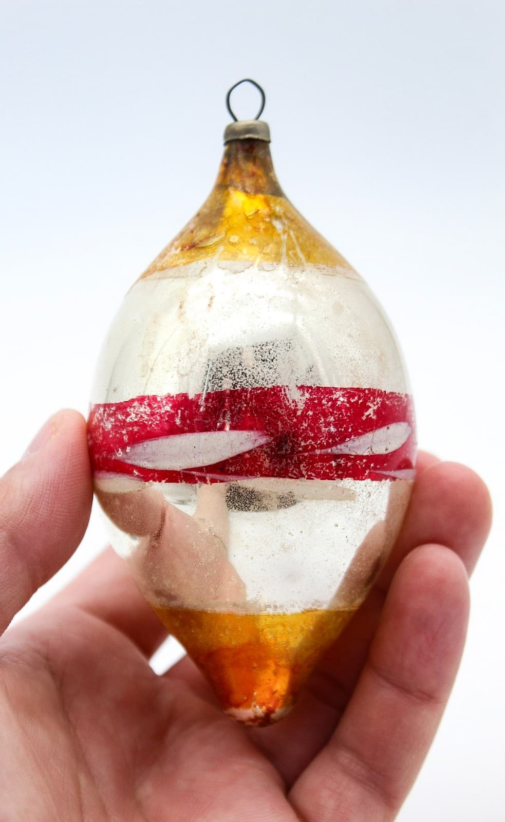 Vintage Germany Poland Hand Painted Striped Red Gold Teardrop Glass Ornament - Thumbnail 4