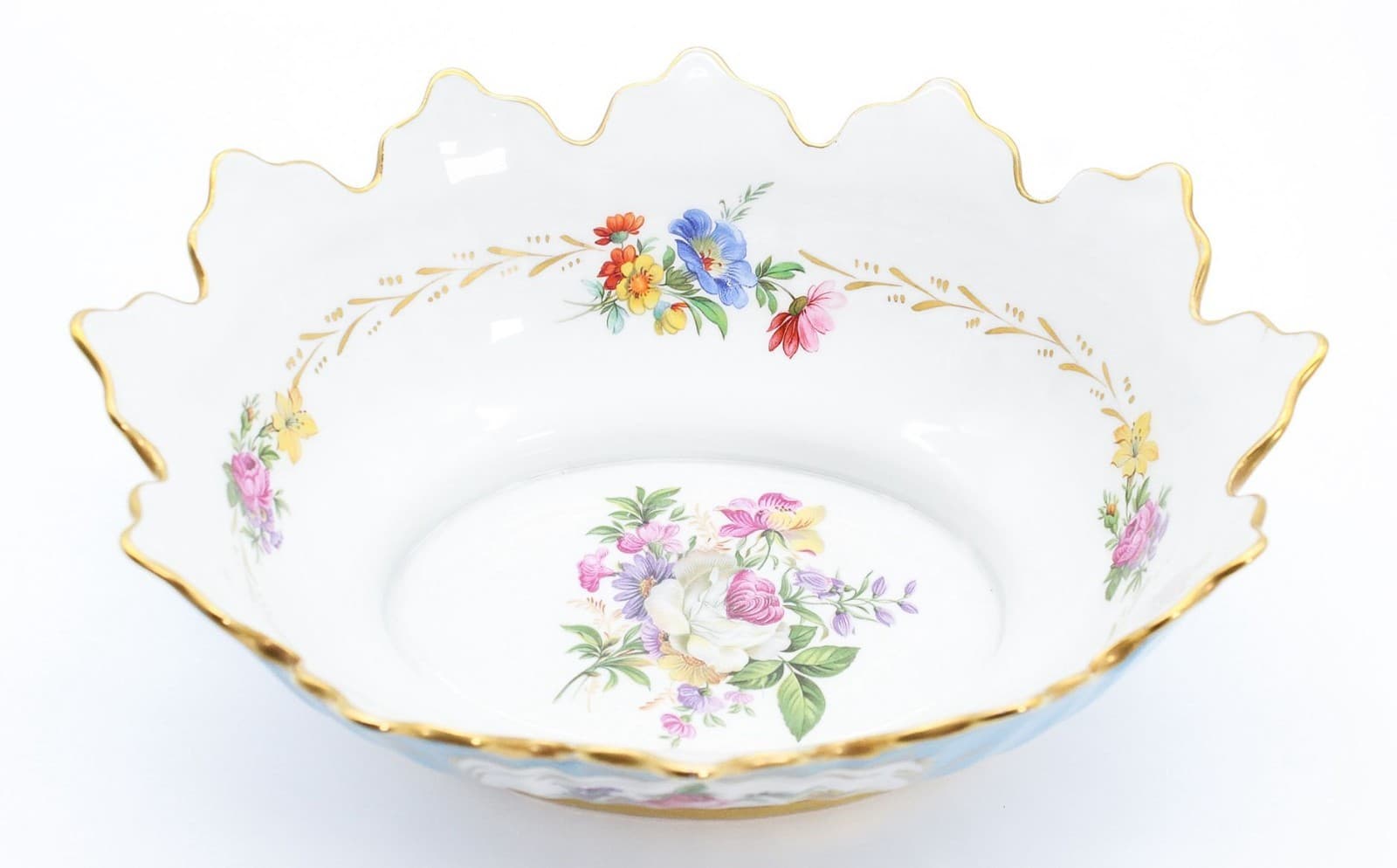 20th c Floral Gold Gilt Blue Large French Porcelain Scalloped Serving Bowl - Thumbnail 4