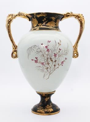 Antique Made In England Hand Painted Bird & Flower Motif Porcelain Pedestal Vase - Thumbnail 2