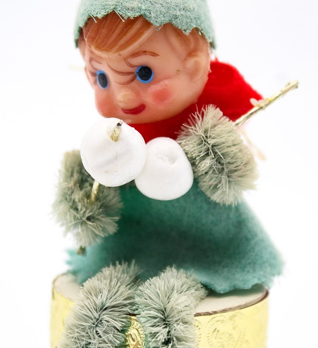 Vintage Japan Pixie Elf Chenille Green Felt Sitting Christmas Drummer Oranment - Thumbnail 3