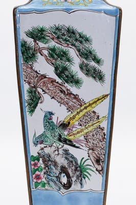 Antique Qing Dynasty Canton Enamel Square Tapering Bronze Vase Scenic &Bird RARE - Thumbnail 9