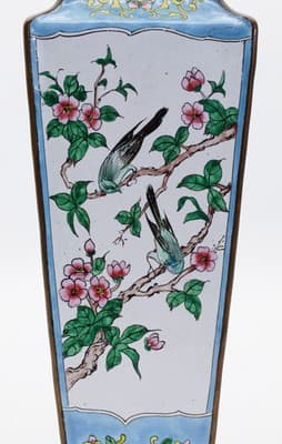 Antique Qing Dynasty Canton Enamel Square Tapering Bronze Vase Scenic &Bird RARE - Thumbnail 11