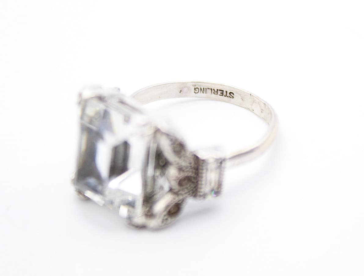 Vintage Sterling Silver 925 Emerald Cut Cubic Zirconia Cocktail Ring Size 6.5 - Thumbnail 3
