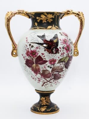 Antique Made In England Hand Painted Bird & Flower Motif Porcelain Pedestal Vase - Thumbnail 13