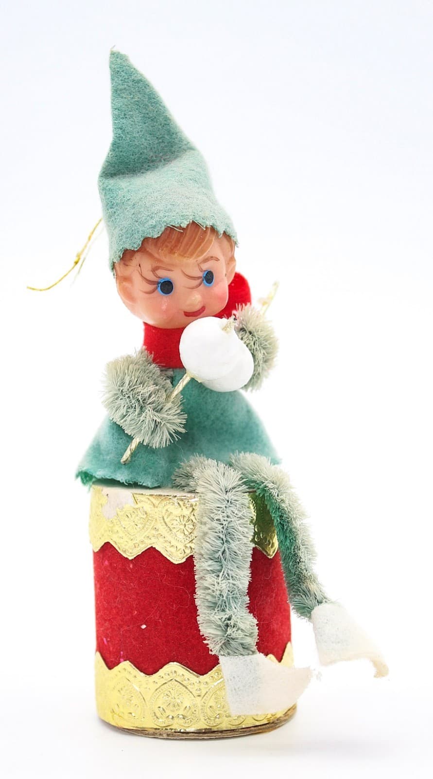 Vintage Japan Pixie Elf Chenille Green Felt Sitting Christmas Drummer Oranment - Thumbnail 2